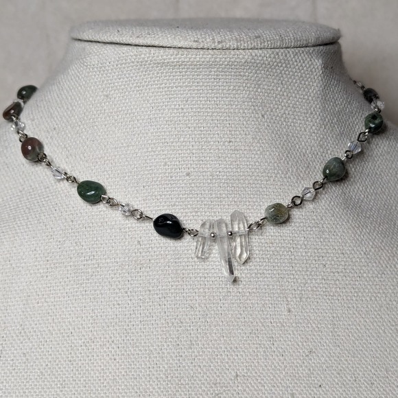 Handmade Jewelry - India Agate And Clear Quartz Crystal Beaded Choker Necklace